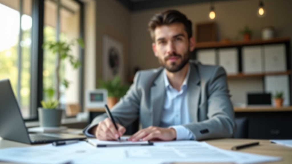 Profesional revisando documentos financieros y planificación de negocio autónomo en escritorio moderno