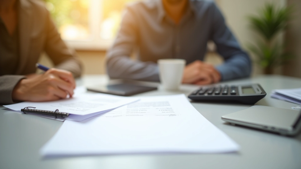 Documentos fiscales y calculadora sobre escritorio profesional con café