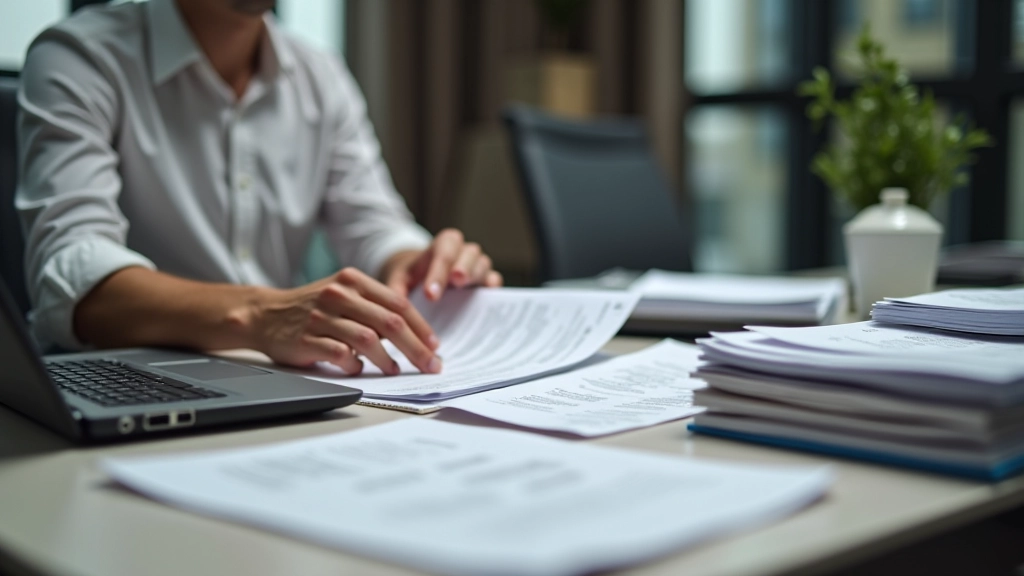 Persona clasificando facturas y comprobantes de IVA en carpetas por trimestre