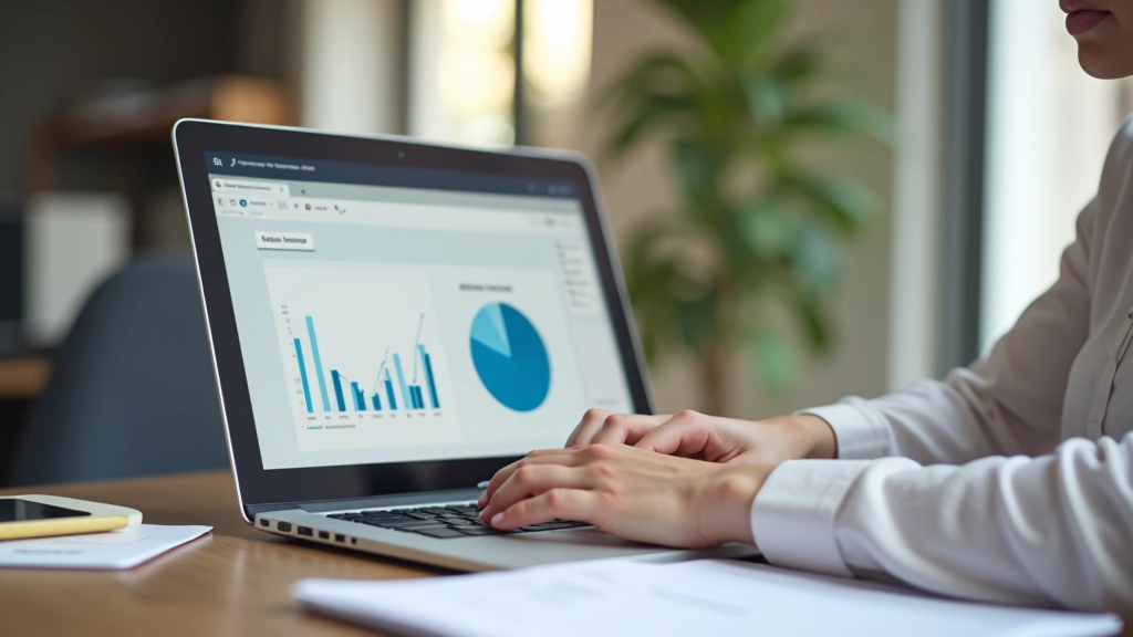 Persona usando software de contabilidad en computadora portátil para organizar declaraciones fiscales