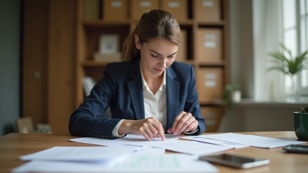 Persona archivando documentos de gastos en carpetas organizadas